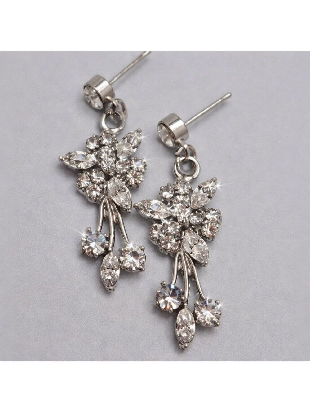 Bridal Floral Crystal Rhinestone Drop Stud Earrings Silver Tone Sparkly Wedding
